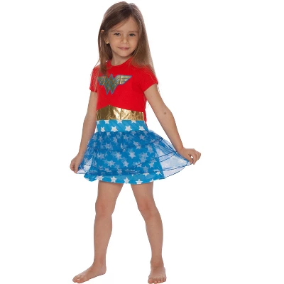 DC Comics Girls Wonder Woman Gold Foil Logo 3 Tiered Costume Pajama Nightgown Multicolored 4 DC Comics Girls Wonder Woman Gold Foil Logo 3 Tiered Costume Pajama Nightgown Multicolored - Image 2