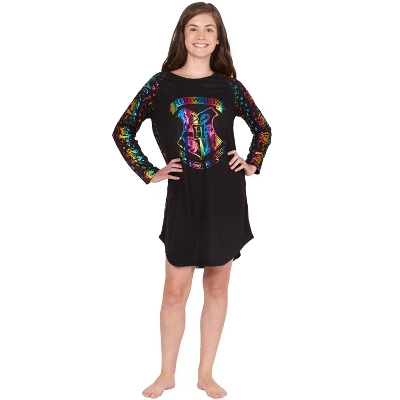 Harry Potter Girls Hogwarts Rainbow Hologram Raglan Nightgown Pajama Black 3 Harry Potter Girls Hogwarts Rainbow Hologram Raglan Nightgown Pajama Black