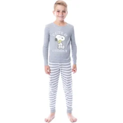 Peanuts Girls' Child Unisex Snoopy Woodstock Cute & Cuddly Sleep Pajama Set Grey