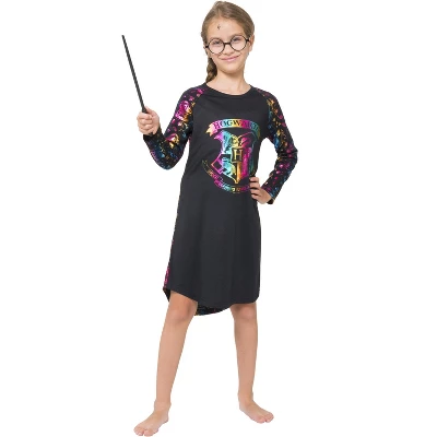 Harry Potter Girls Hogwarts Rainbow Hologram Raglan Nightgown Pajama Black 5 Harry Potter Girls Hogwarts Rainbow Hologram Raglan Nightgown Pajama Black - Image 3