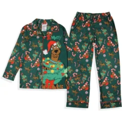 Scooby-Doo Boys' Christmas Character Tree Reindeer Button Sleep Pajama Set Green