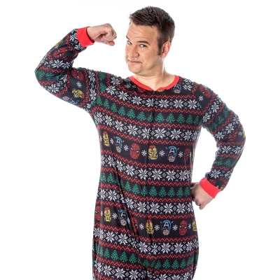 Marvel Adult Superhero Trio Ugly Sweater Print One Piece Pajama Union Suit Multi 5 Marvel Adult Superhero Trio Ugly Sweater Print One Piece Pajama Union Suit Multi - Image 3