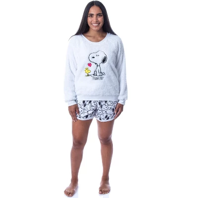 Peanuts Womens' Snoopy And Woodstock Sweater And Shorts Sleep Pajama Set White 3 Peanuts Womens' Snoopy And Woodstock Sweater And Shorts Sleep Pajama Set White