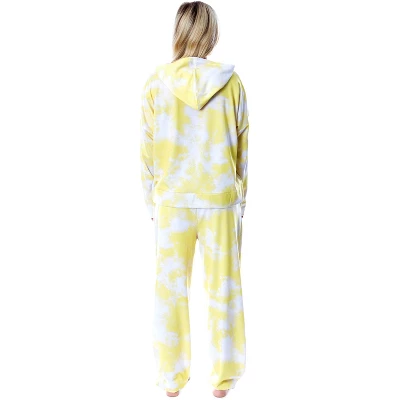 Minions Positive Vibes Tie Dye Womens' Pajama Cropped Hooded Jogger Set Yellow 3 Minions Positive Vibes Tie Dye Womens' Pajama Cropped Hooded Jogger Set Yellow