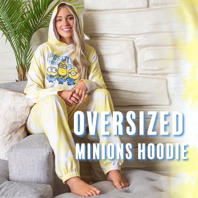 Minions Positive Vibes Tie Dye Womens' Pajama Cropped Hooded Jogger Set Yellow 7 Minions Positive Vibes Tie Dye Womens' Pajama Cropped Hooded Jogger Set Yellow - Image 5