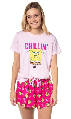 Nickelodeon SpongeBob SquarePants Womens' Chillin' Pajama Set Shorts Pink 7 Nickelodeon SpongeBob SquarePants Womens' Chillin' Pajama Set Shorts Pink - Image 5