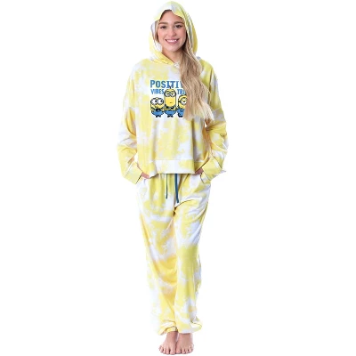 Minions Positive Vibes Tie Dye Womens' Pajama Cropped Hooded Jogger Set Yellow 4 Minions Positive Vibes Tie Dye Womens' Pajama Cropped Hooded Jogger Set Yellow - Image 2
