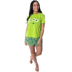 Disney Women's Toy Story Pizza Planet Aliens Shirt And Shorts Pajama Set Lime Green